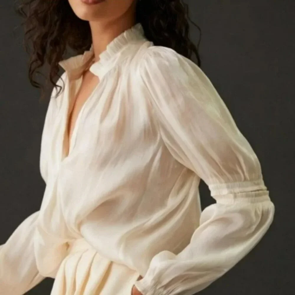 Anthropologie Current Air Ruched‎ Shimmer Blouse Cream Medium EUC